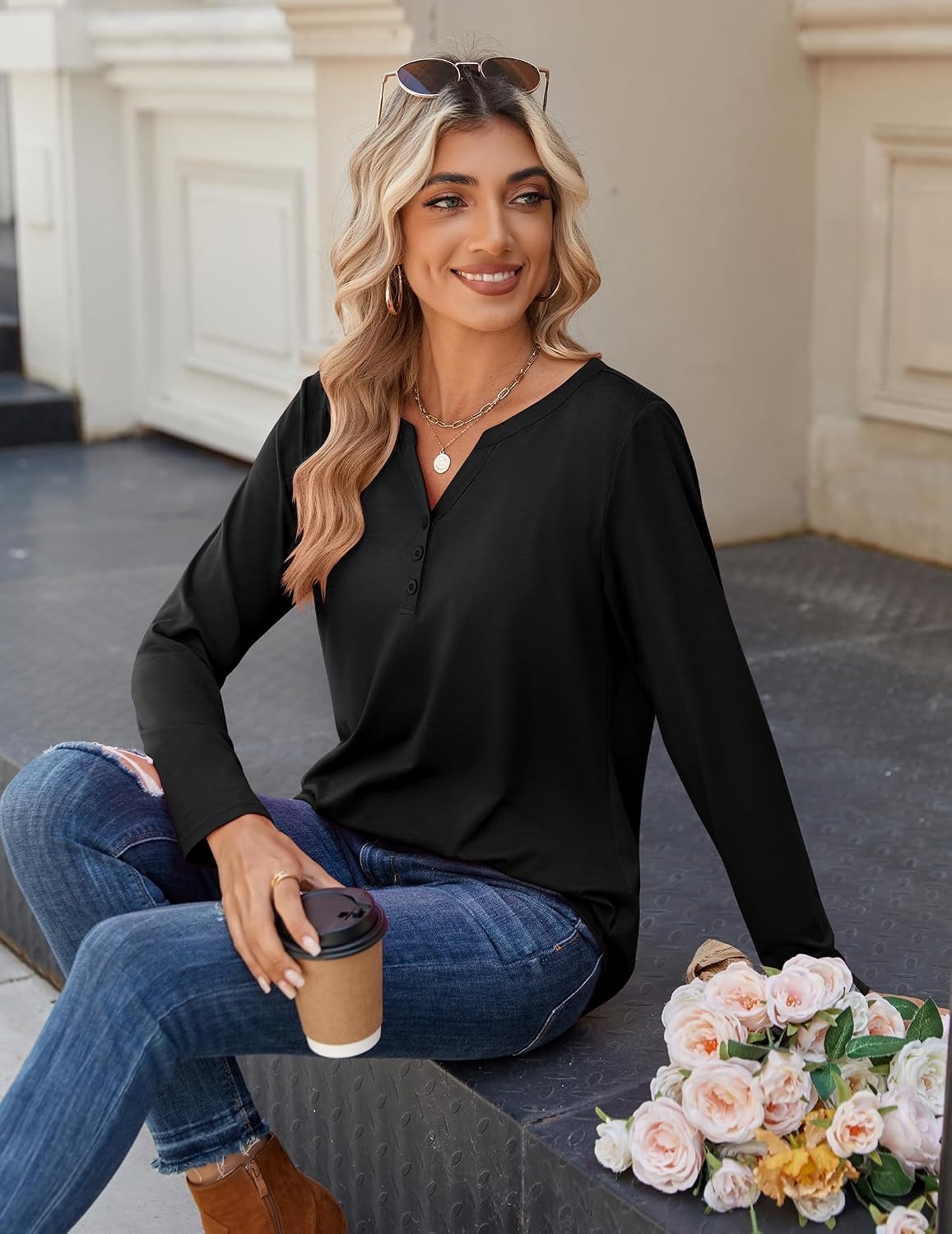 image:imageZeagoo Long Sleeve Shirts for Women Casual V Neck Fall Tops Summer BlousesBlack