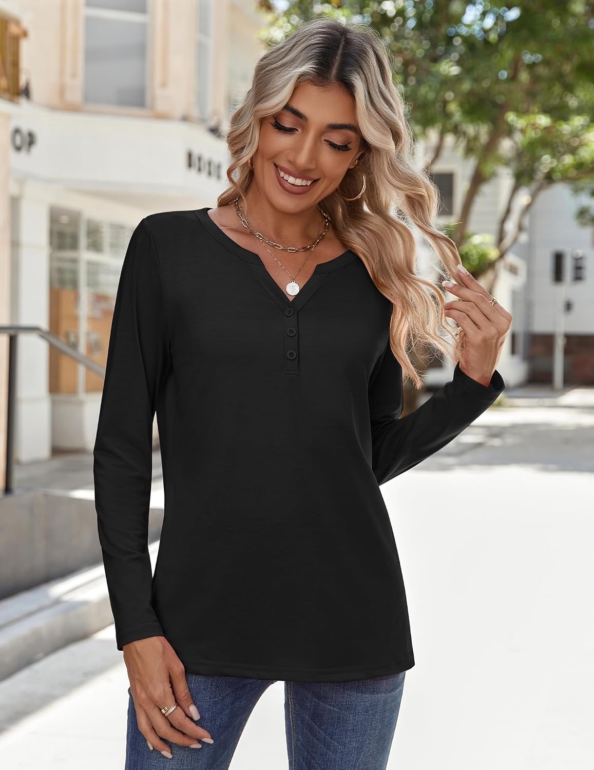 image:imageZeagoo Long Sleeve Shirts for Women Casual V Neck Fall Tops Summer BlousesBlack