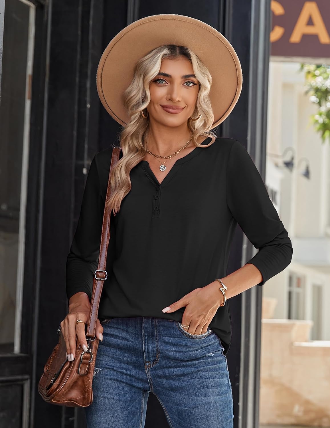 image:imageZeagoo Long Sleeve Shirts for Women Casual V Neck Fall Tops Summer BlousesBlack