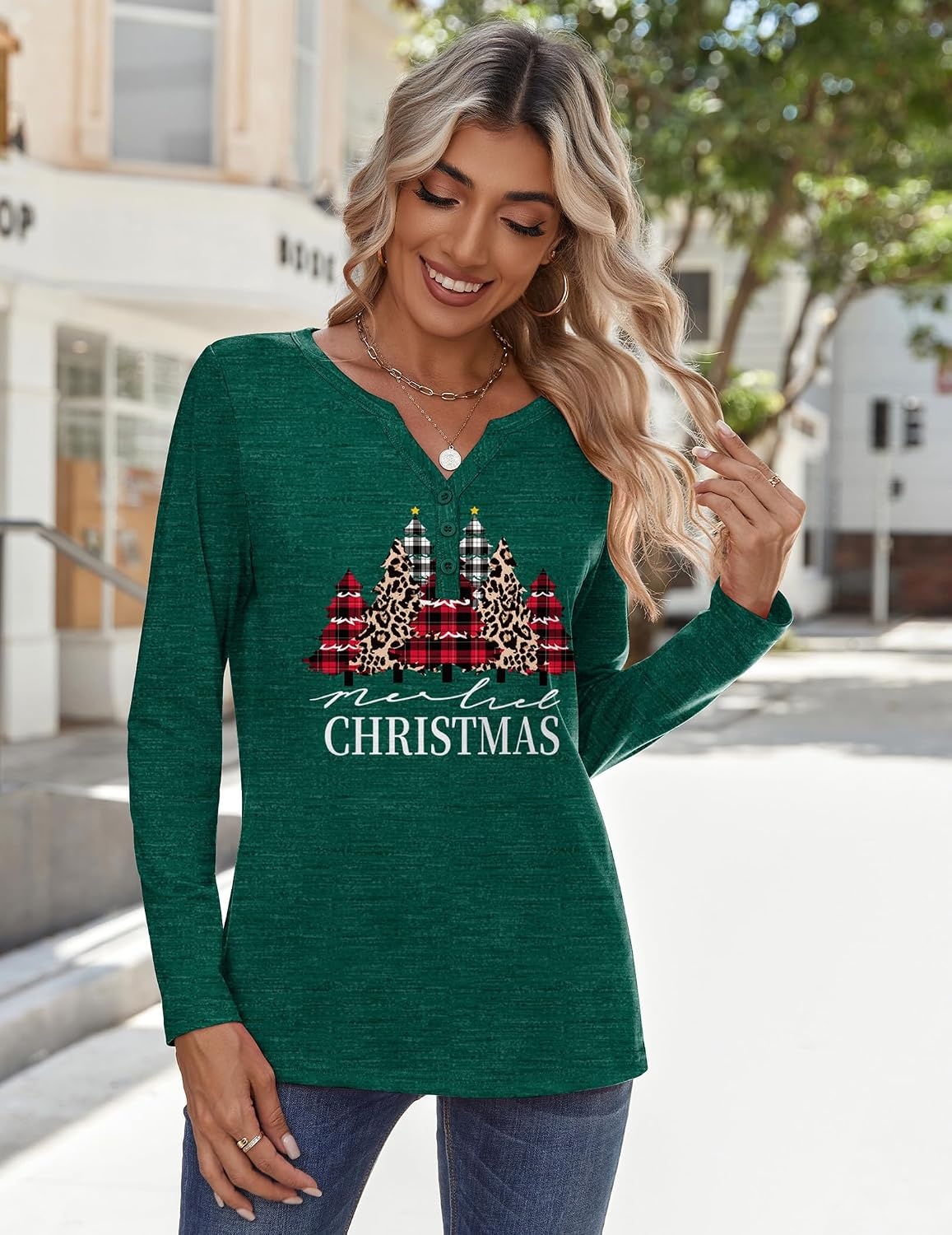 image:imageZeagoo Long Sleeve Shirts for Women Casual V Neck Fall Tops Summer BlousesChristmas Green