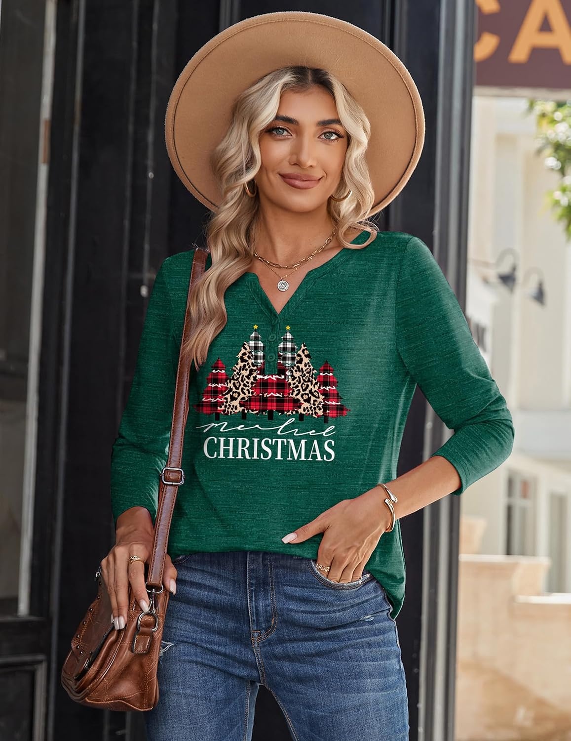 image:imageZeagoo Long Sleeve Shirts for Women Casual V Neck Fall Tops Summer BlousesChristmas Green