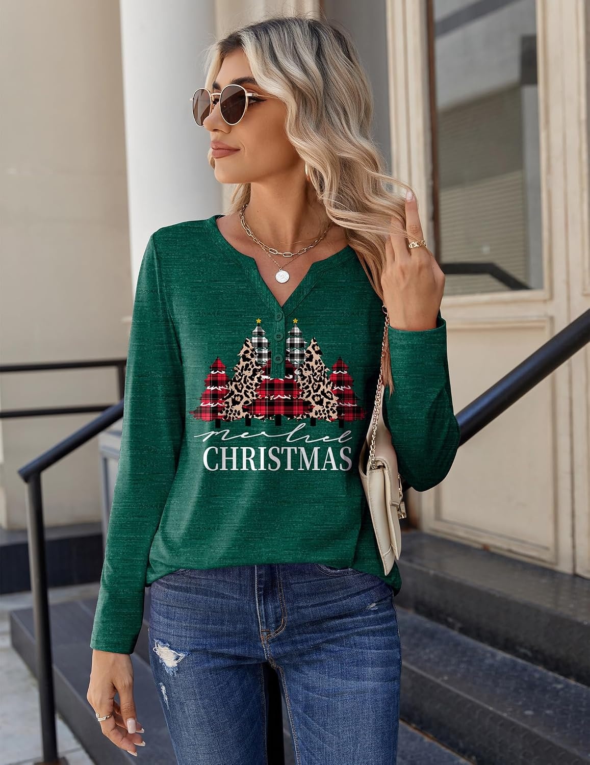 image:imageZeagoo Long Sleeve Shirts for Women Casual V Neck Fall Tops Summer BlousesChristmas Green
