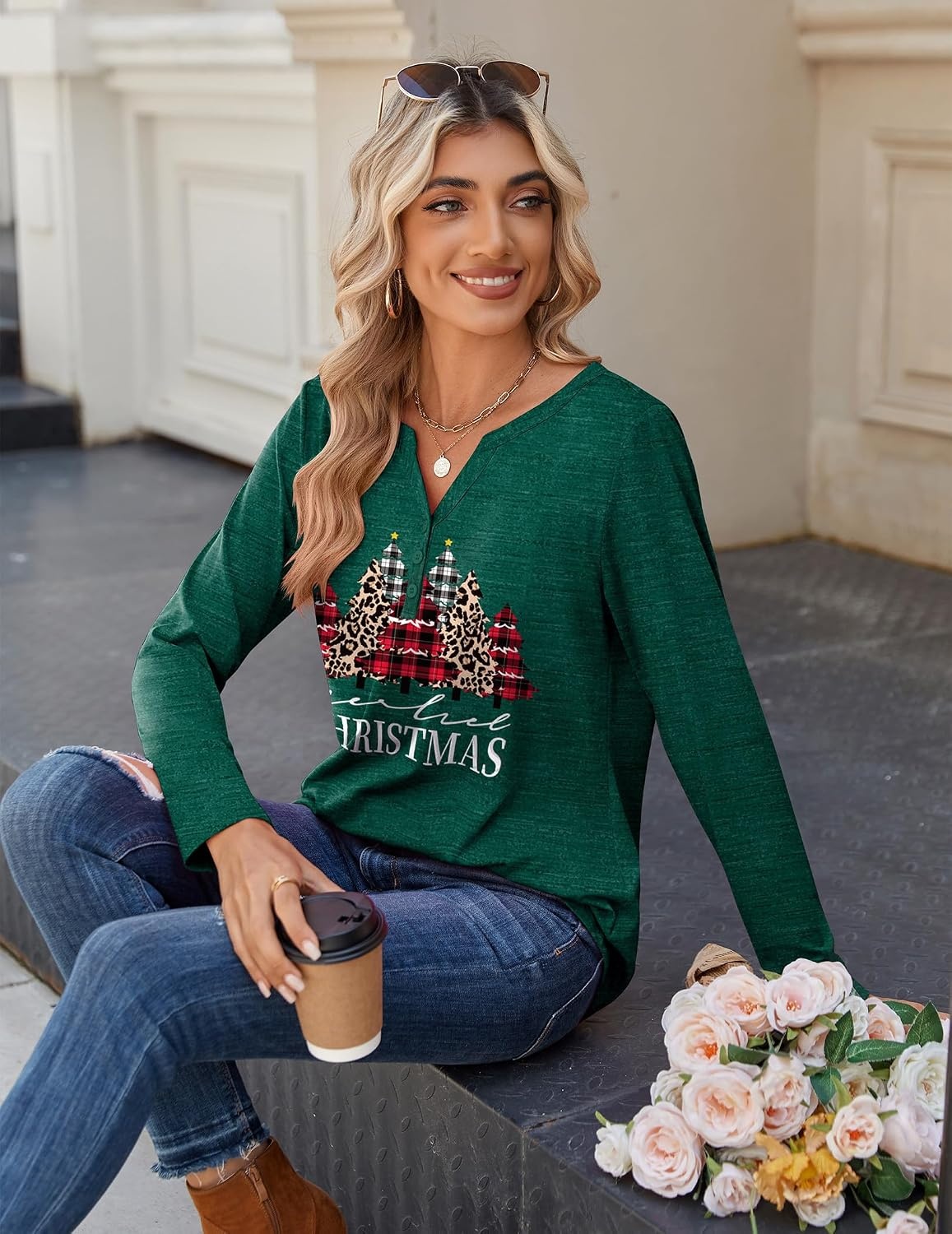 image:imageZeagoo Long Sleeve Shirts for Women Casual V Neck Fall Tops Summer BlousesChristmas Green
