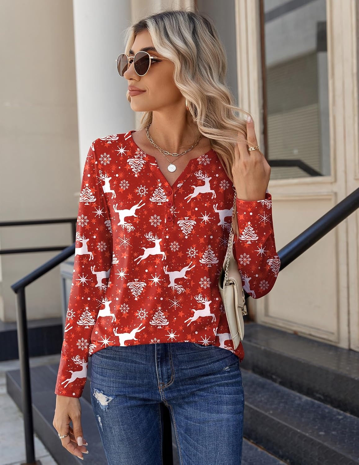 image:imageZeagoo Long Sleeve Shirts for Women Casual V Neck Fall Tops Summer BlousesChristmas Red