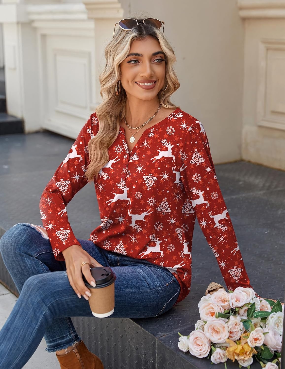 image:imageZeagoo Long Sleeve Shirts for Women Casual V Neck Fall Tops Summer BlousesChristmas Red