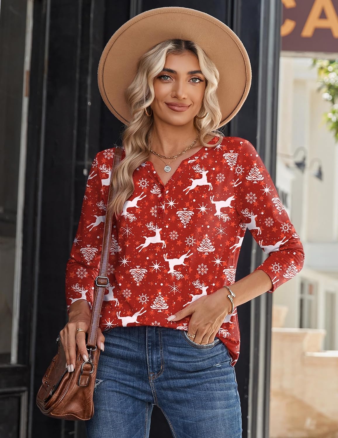 image:imageZeagoo Long Sleeve Shirts for Women Casual V Neck Fall Tops Summer BlousesChristmas Red
