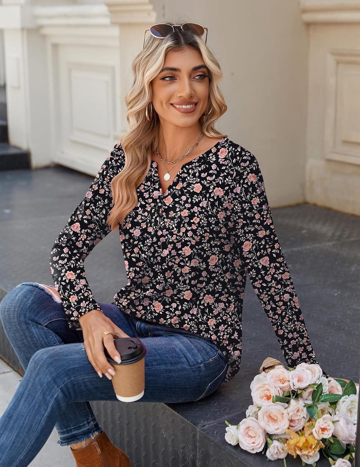 image:imageZeagoo Long Sleeve Shirts for Women Casual V Neck Fall Tops Summer BlousesFloral Black2