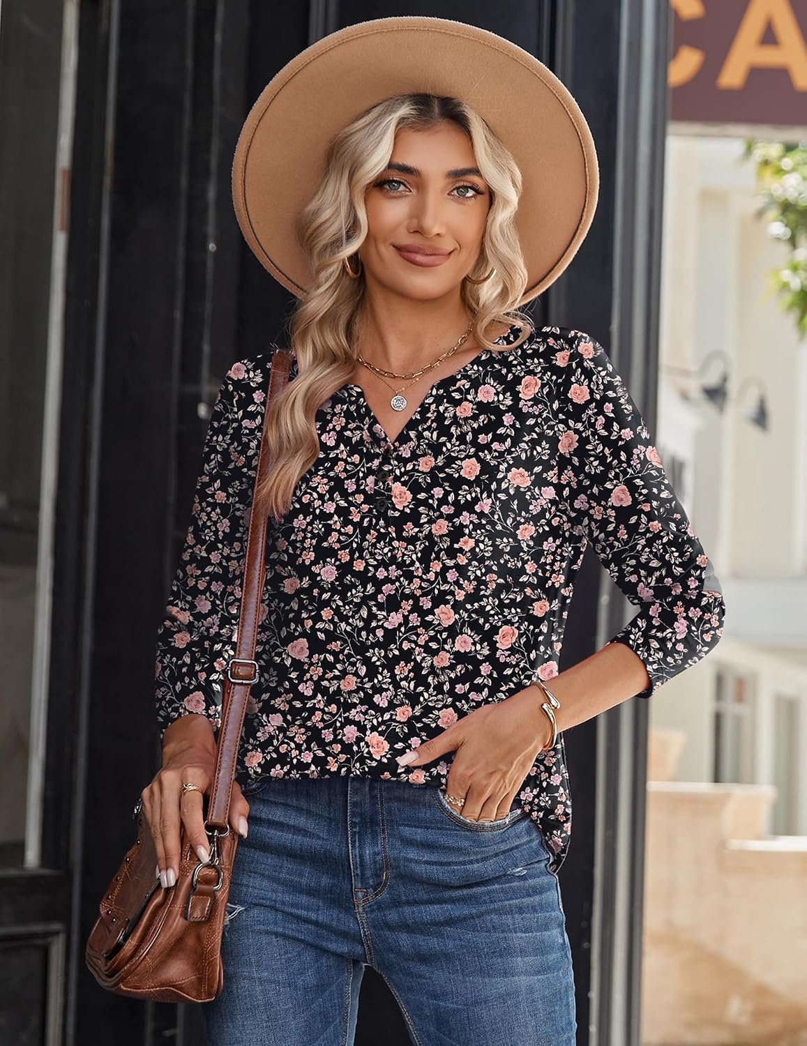 image:imageZeagoo Long Sleeve Shirts for Women Casual V Neck Fall Tops Summer BlousesFloral Black2