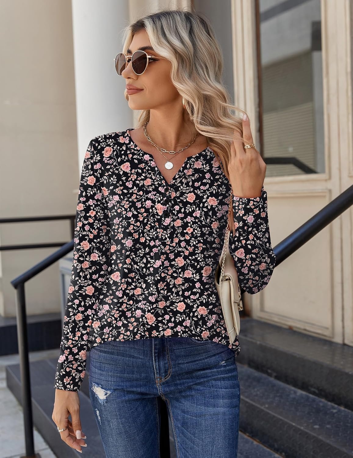 image:imageZeagoo Long Sleeve Shirts for Women Casual V Neck Fall Tops Summer BlousesFloral Black2