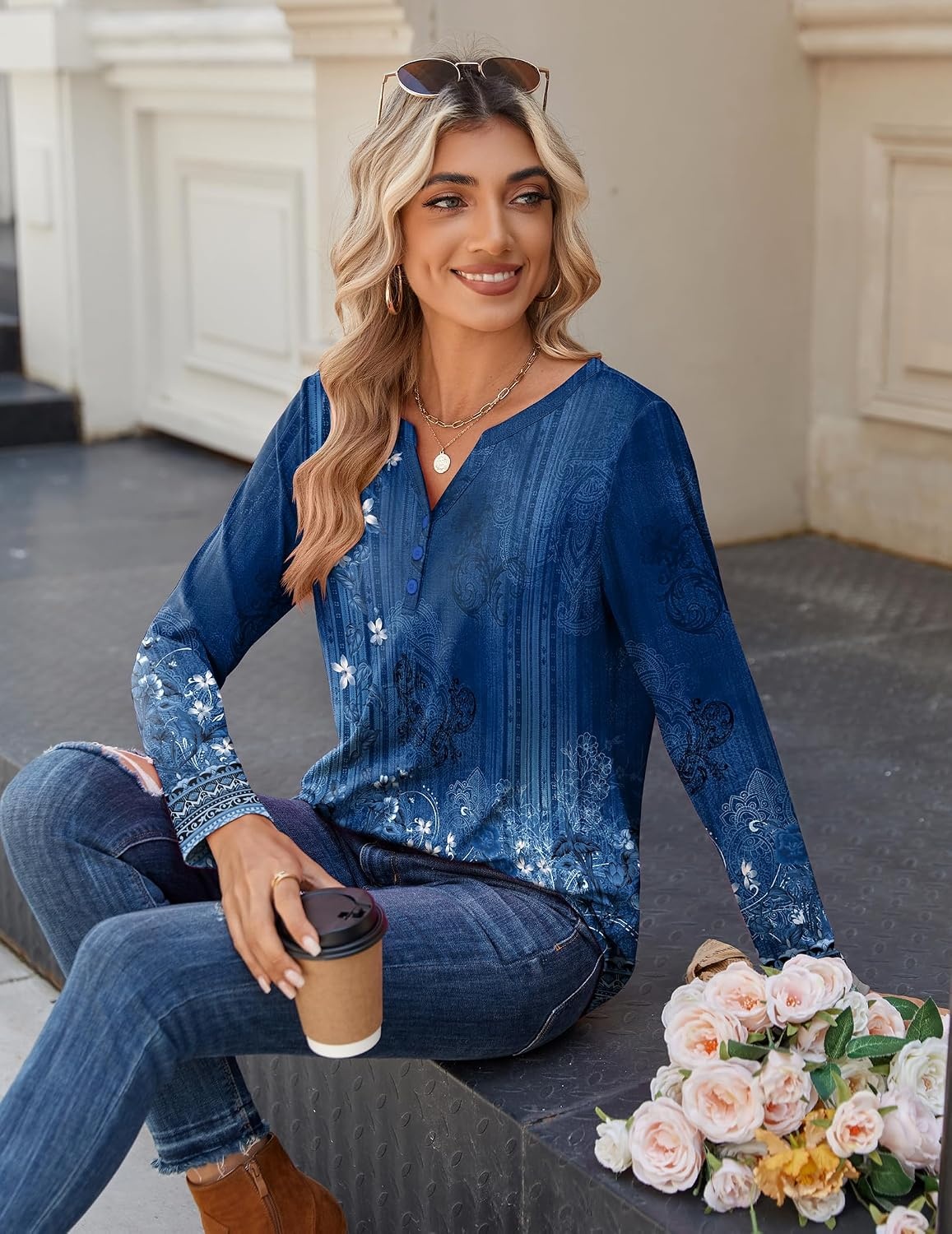 image:imageZeagoo Long Sleeve Shirts for Women Casual V Neck Fall Tops Summer BlousesFloral Blue