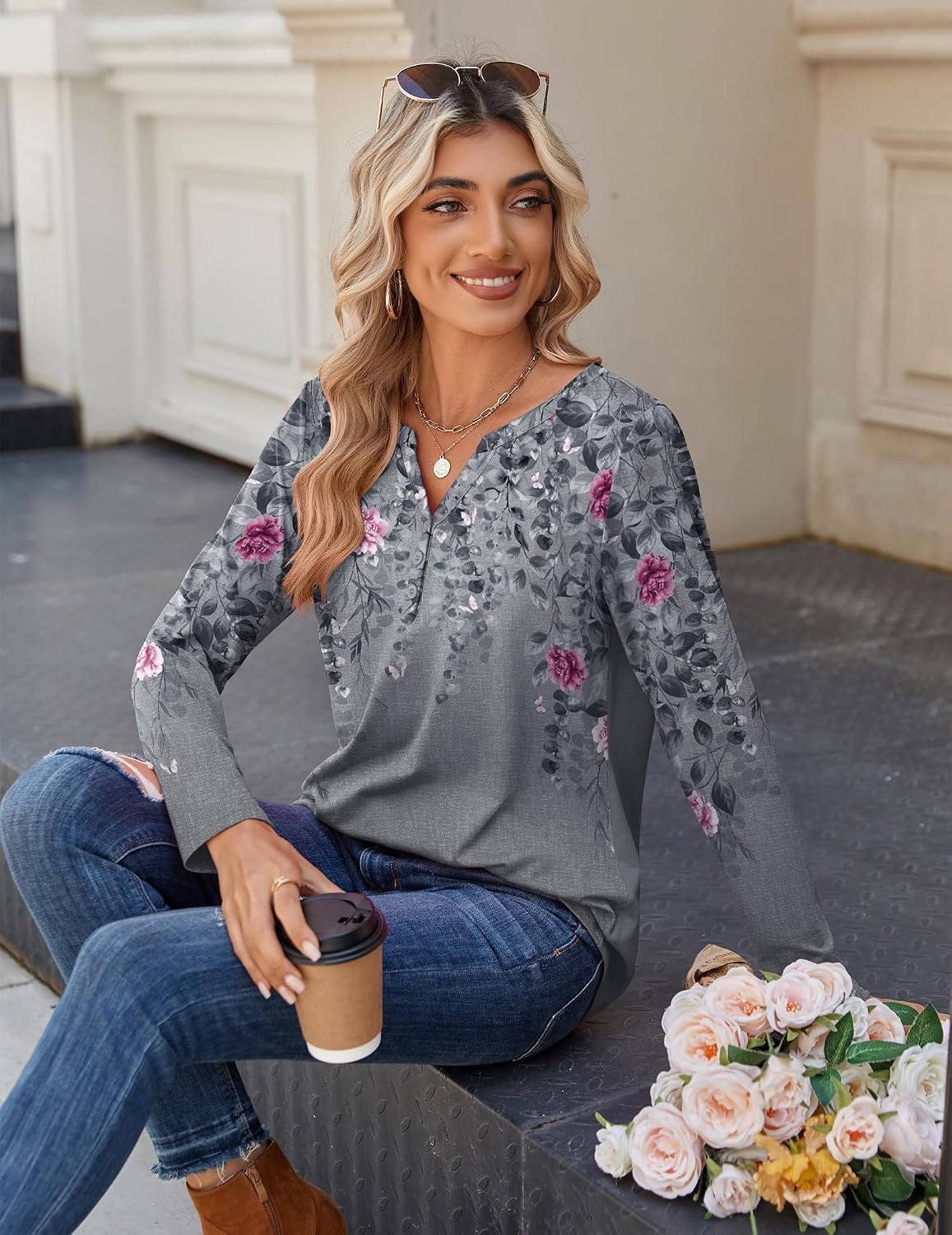 image:imageZeagoo Long Sleeve Shirts for Women Casual V Neck Fall Tops Summer BlousesFloral Grey