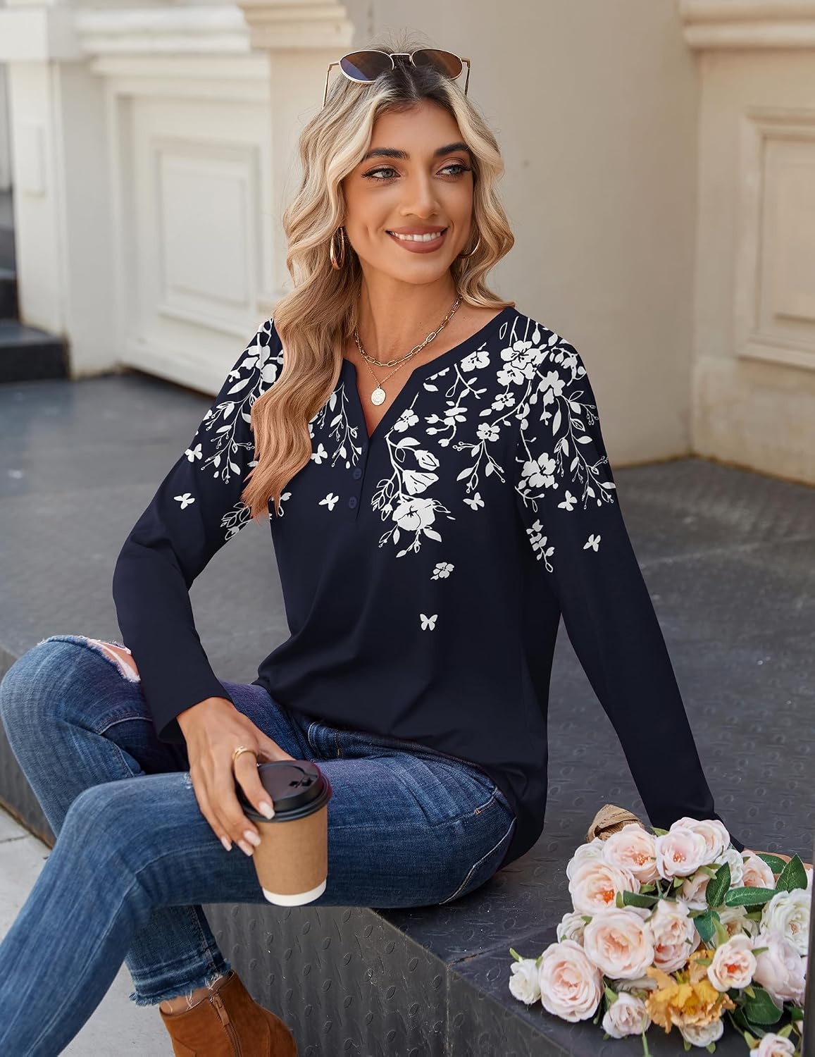 image:imageZeagoo Long Sleeve Shirts for Women Casual V Neck Fall Tops Summer BlousesFloral Navy