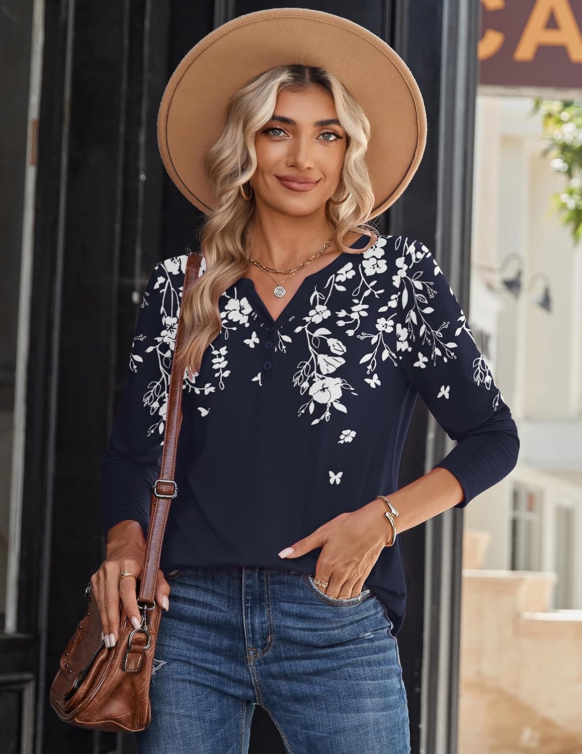 image:imageZeagoo Long Sleeve Shirts for Women Casual V Neck Fall Tops Summer BlousesFloral Navy