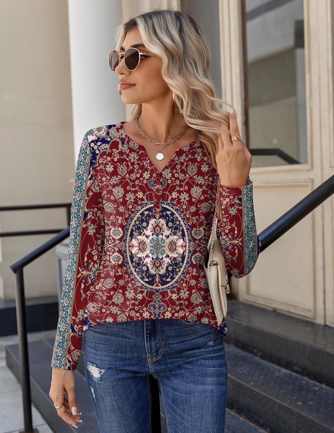 image:imageZeagoo Long Sleeve Shirts for Women Casual V Neck Fall Tops Summer BlousesFloral Red