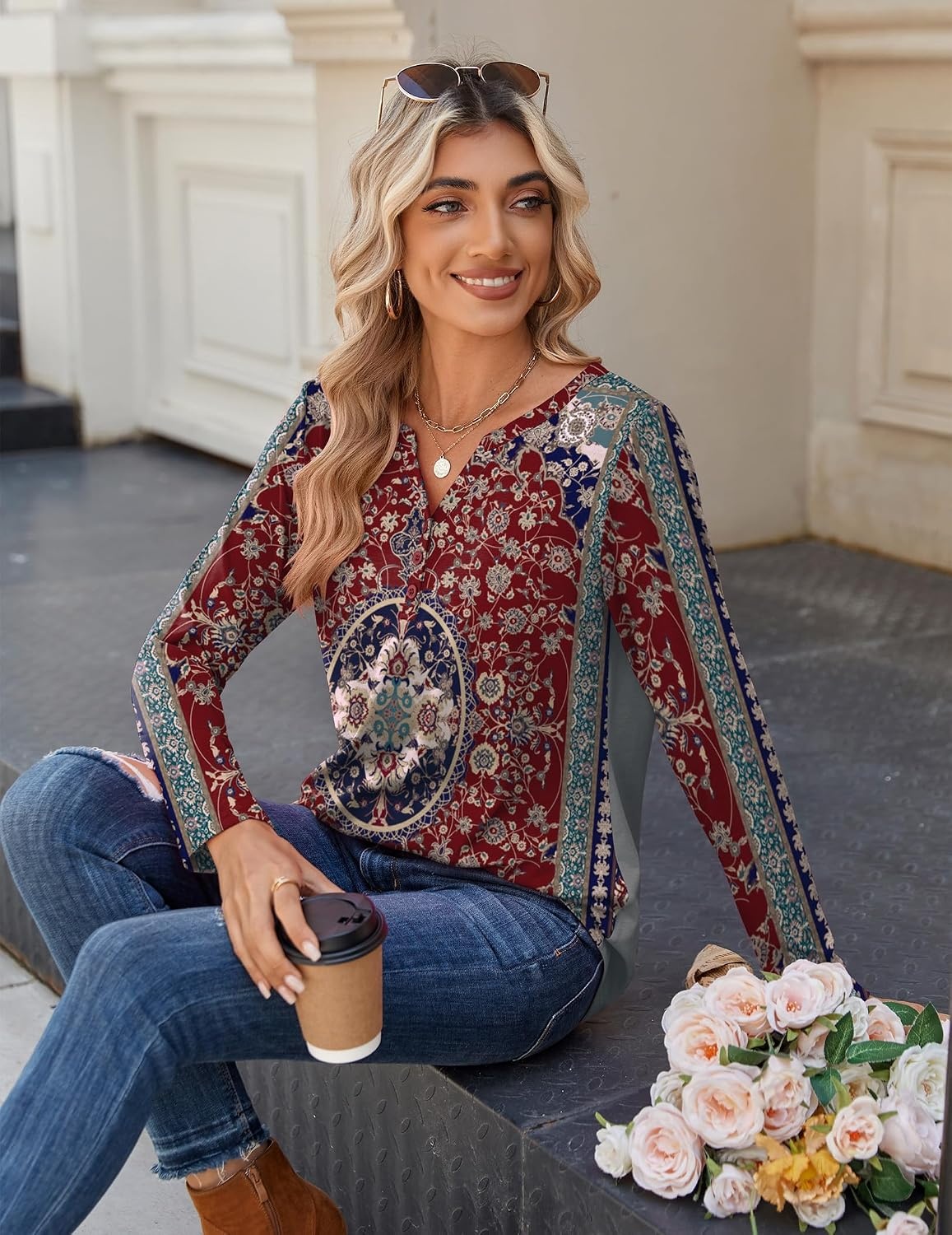 image:imageZeagoo Long Sleeve Shirts for Women Casual V Neck Fall Tops Summer BlousesFloral Red