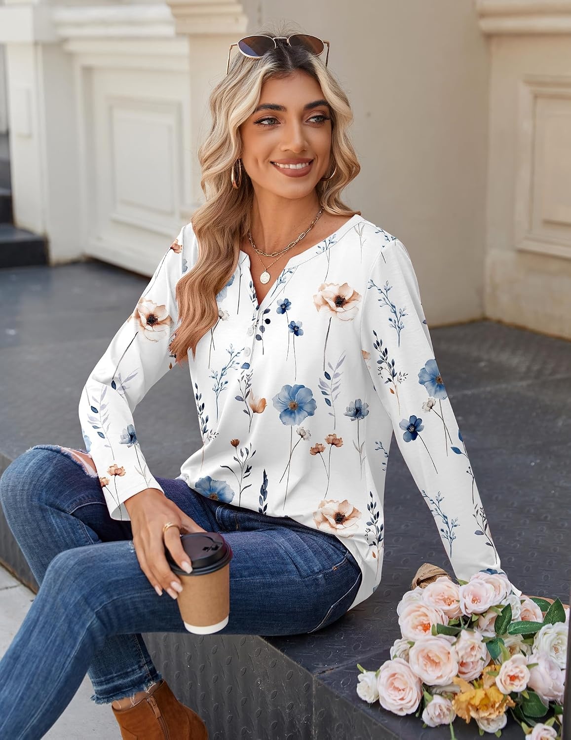 image:imageZeagoo Long Sleeve Shirts for Women Casual V Neck Fall Tops Summer BlousesFloral White