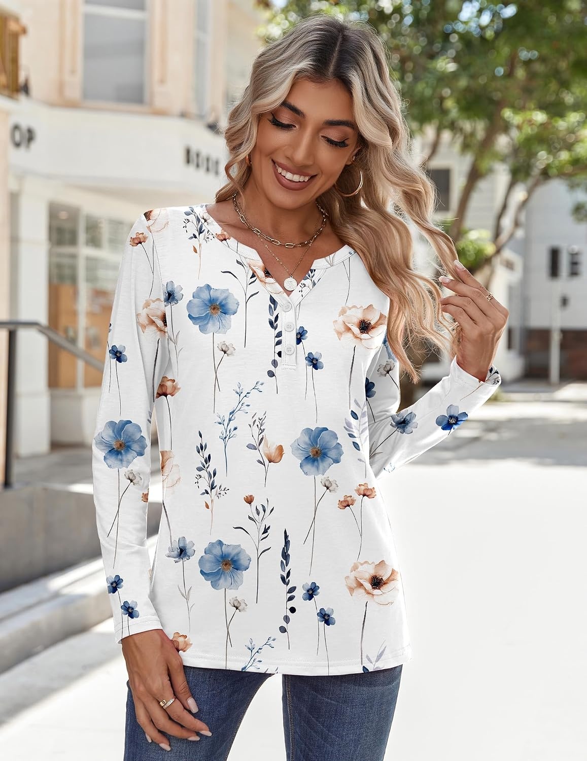 image:imageZeagoo Long Sleeve Shirts for Women Casual V Neck Fall Tops Summer BlousesFloral White