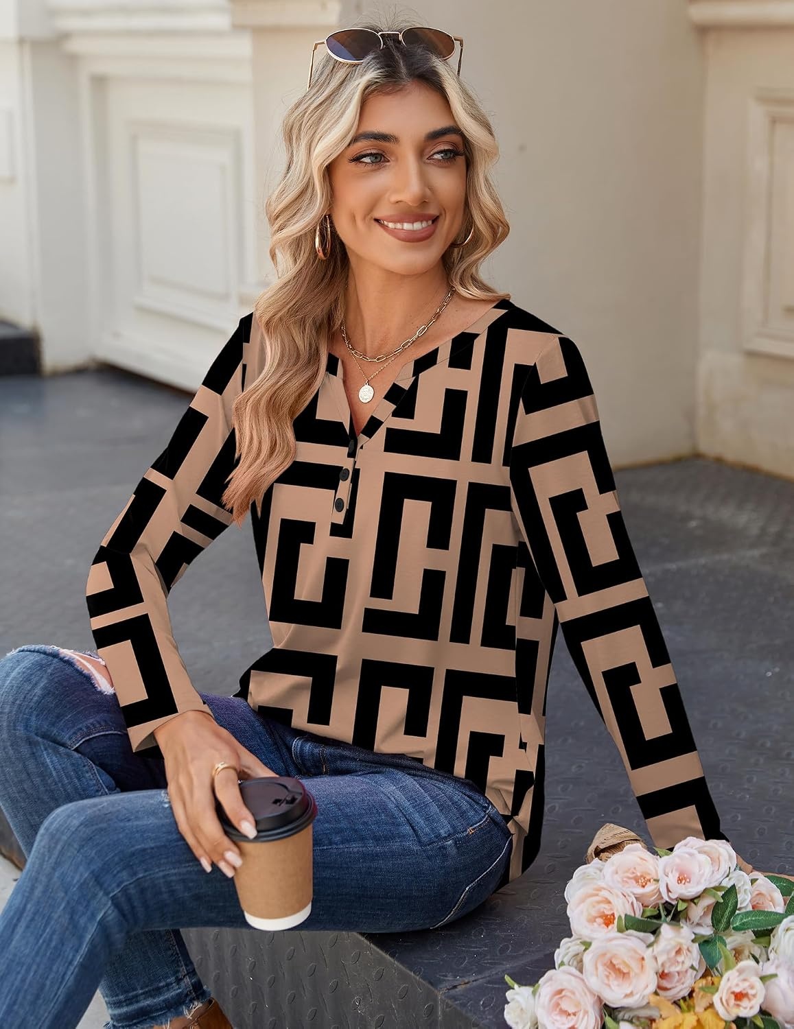 image:imageZeagoo Long Sleeve Shirts for Women Casual V Neck Fall Tops Summer BlousesGeometric 308