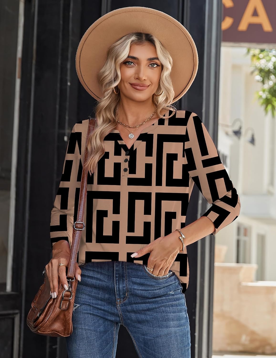 image:imageZeagoo Long Sleeve Shirts for Women Casual V Neck Fall Tops Summer BlousesGeometric 308