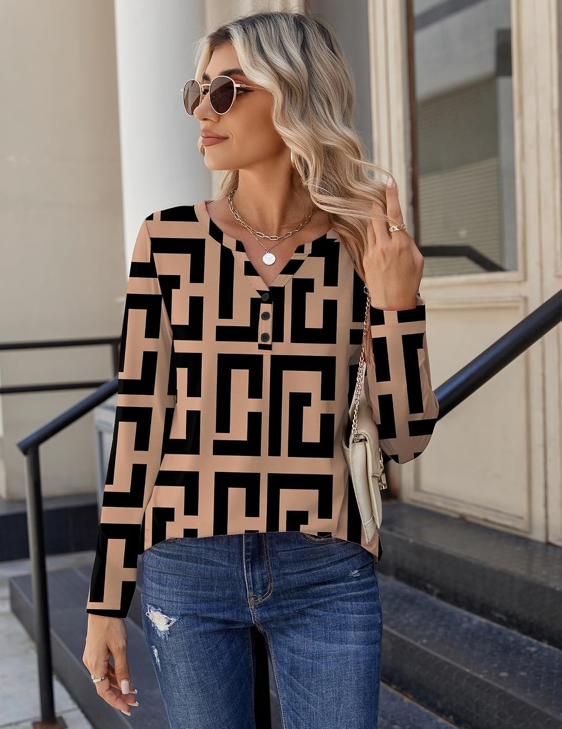 image:imageZeagoo Long Sleeve Shirts for Women Casual V Neck Fall Tops Summer BlousesGeometric 308