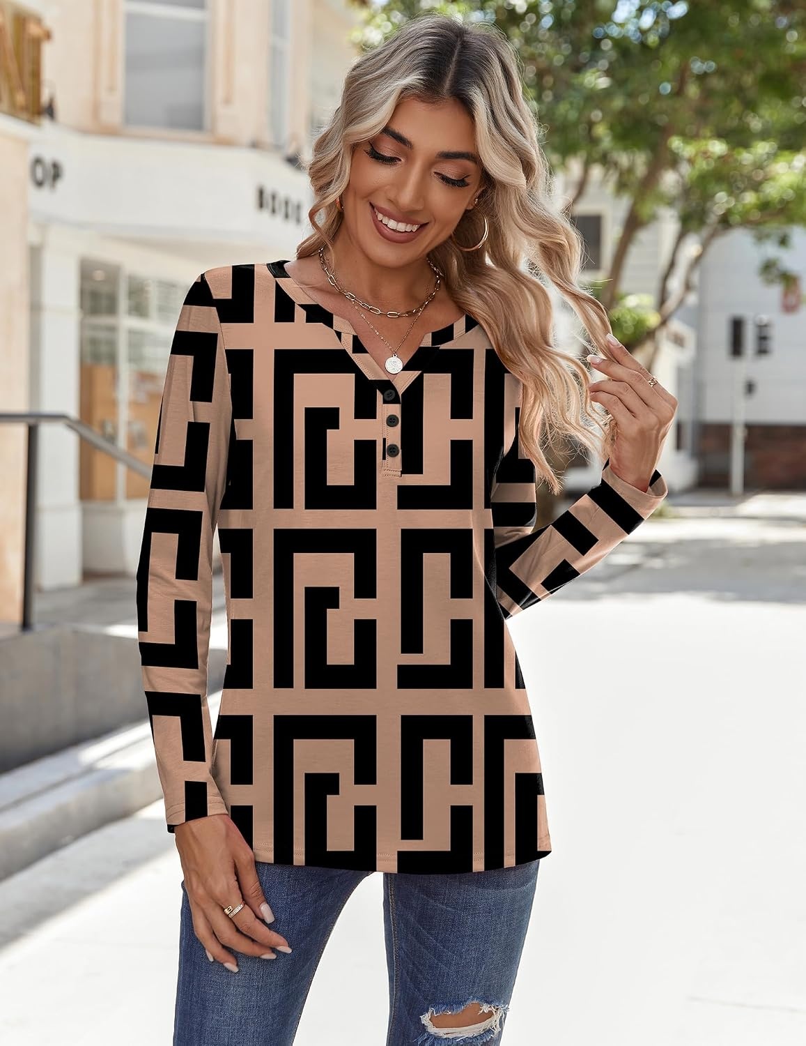 image:imageZeagoo Long Sleeve Shirts for Women Casual V Neck Fall Tops Summer BlousesGeometric 308