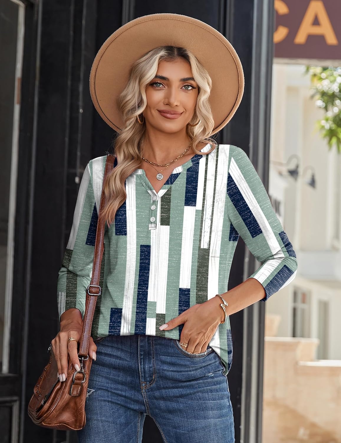 image:imageZeagoo Long Sleeve Shirts for Women Casual V Neck Fall Tops Summer BlousesGeometric 530