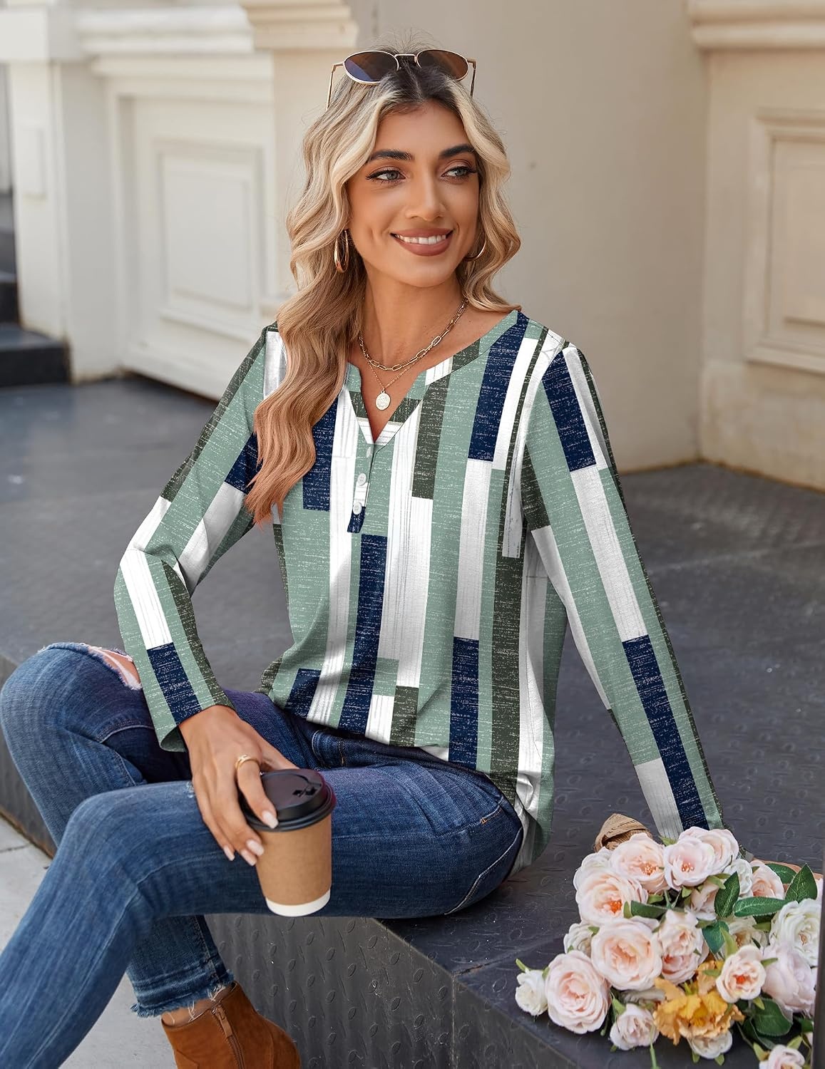 image:imageZeagoo Long Sleeve Shirts for Women Casual V Neck Fall Tops Summer BlousesGeometric 530