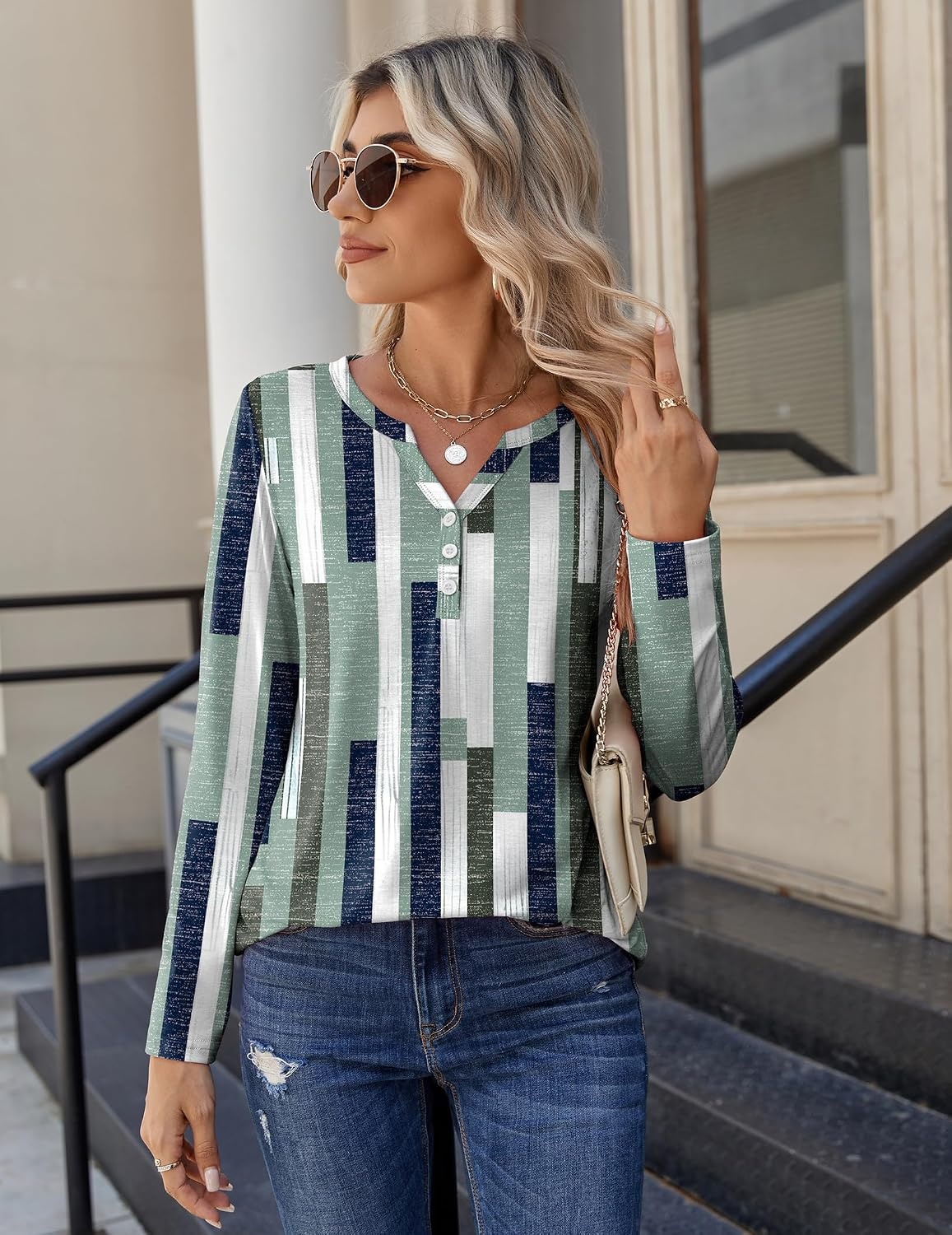 image:imageZeagoo Long Sleeve Shirts for Women Casual V Neck Fall Tops Summer BlousesGeometric 530