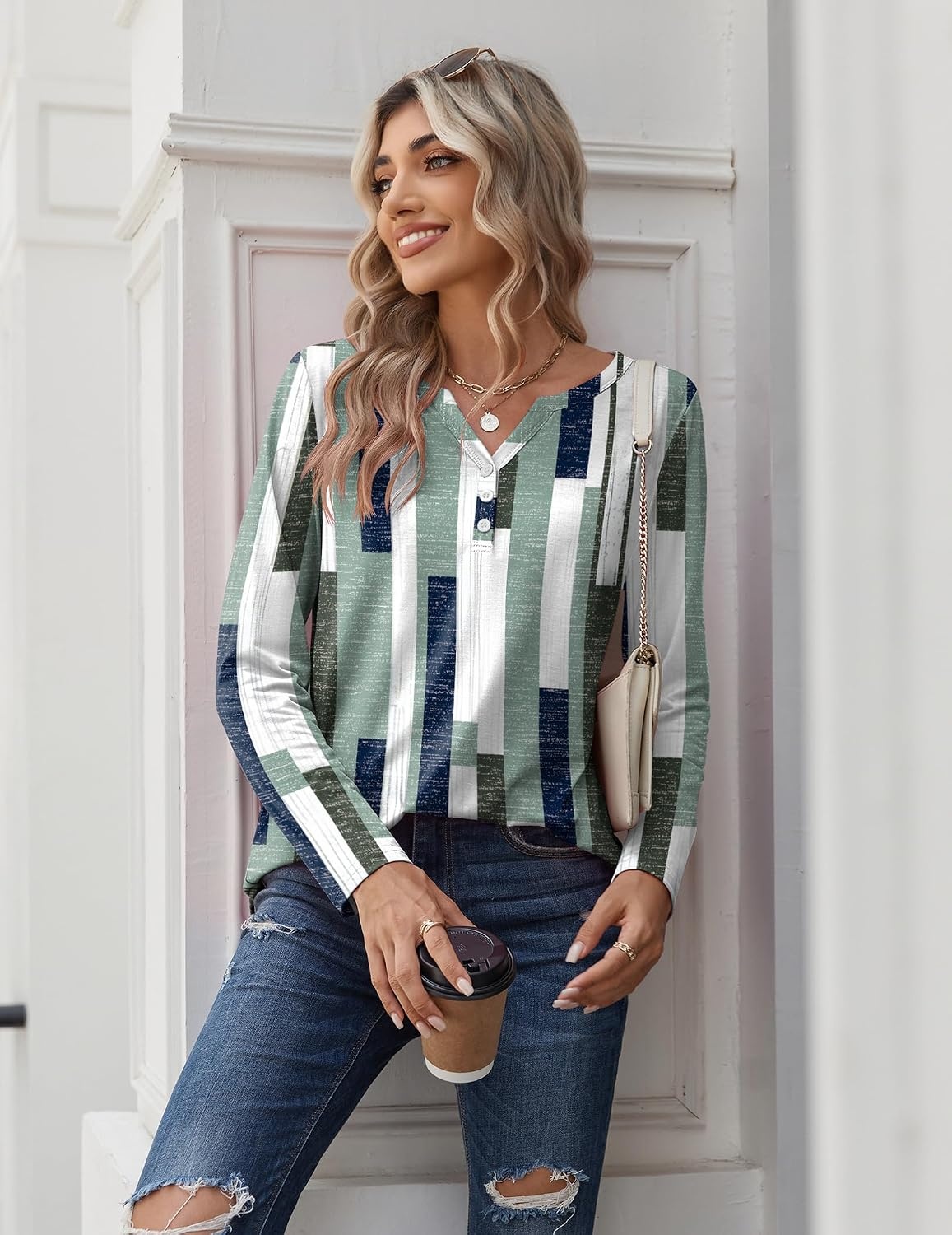 image:imageZeagoo Long Sleeve Shirts for Women Casual V Neck Fall Tops Summer BlousesGeometric 530
