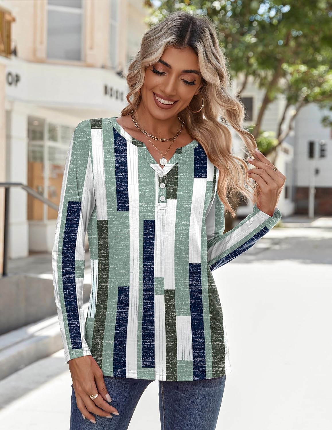 image:imageZeagoo Long Sleeve Shirts for Women Casual V Neck Fall Tops Summer BlousesGeometric 530
