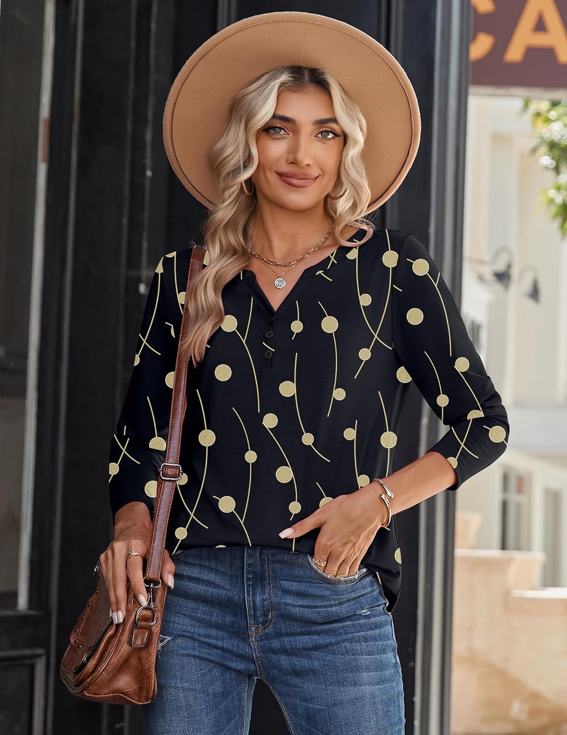 image:imageZeagoo Long Sleeve Shirts for Women Casual V Neck Fall Tops Summer BlousesGeometry Black