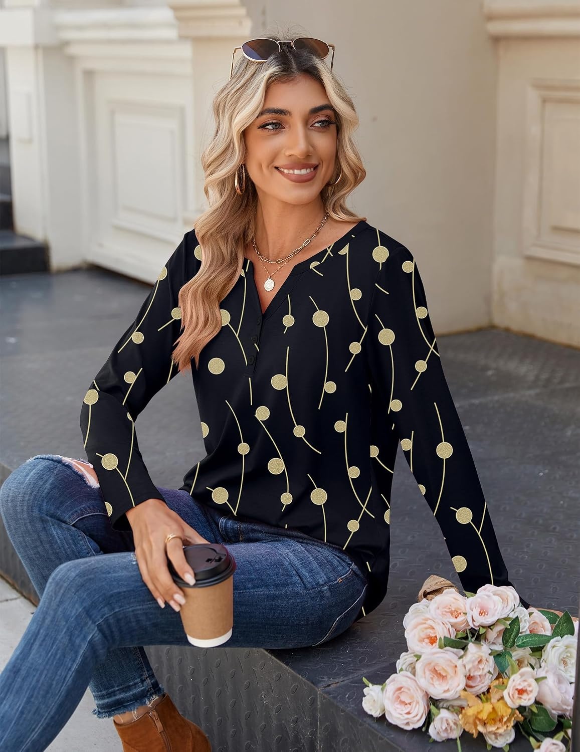 image:imageZeagoo Long Sleeve Shirts for Women Casual V Neck Fall Tops Summer BlousesGeometry Black
