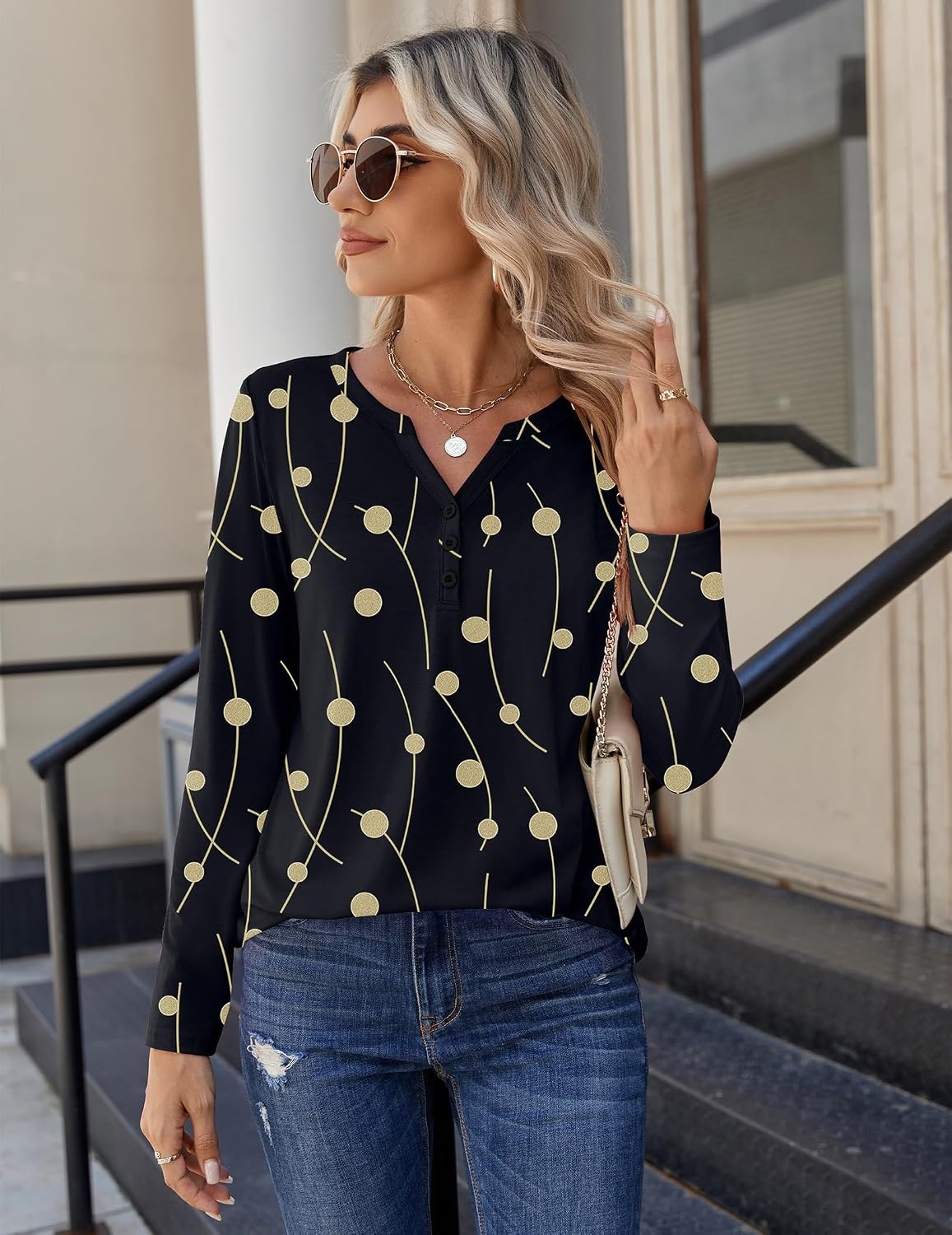 image:imageZeagoo Long Sleeve Shirts for Women Casual V Neck Fall Tops Summer BlousesGeometry Black