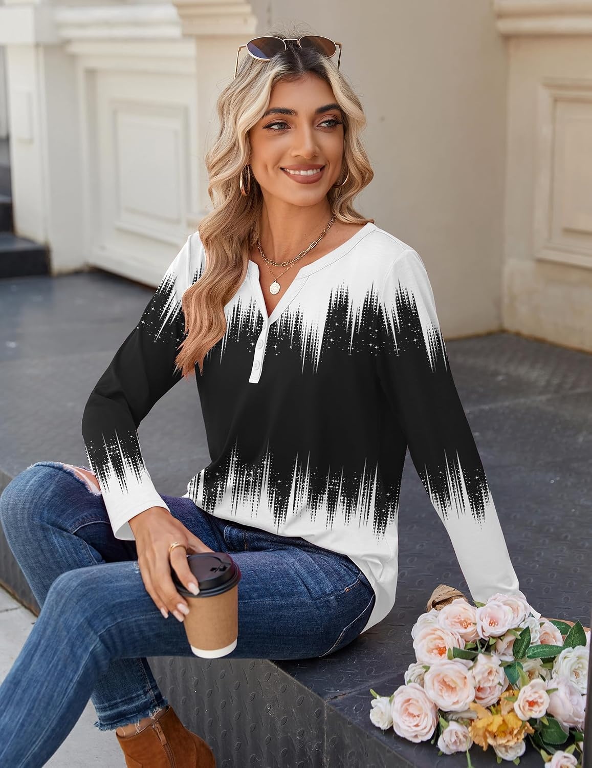 image:imageZeagoo Long Sleeve Shirts for Women Casual V Neck Fall Tops Summer BlousesGradient Black White