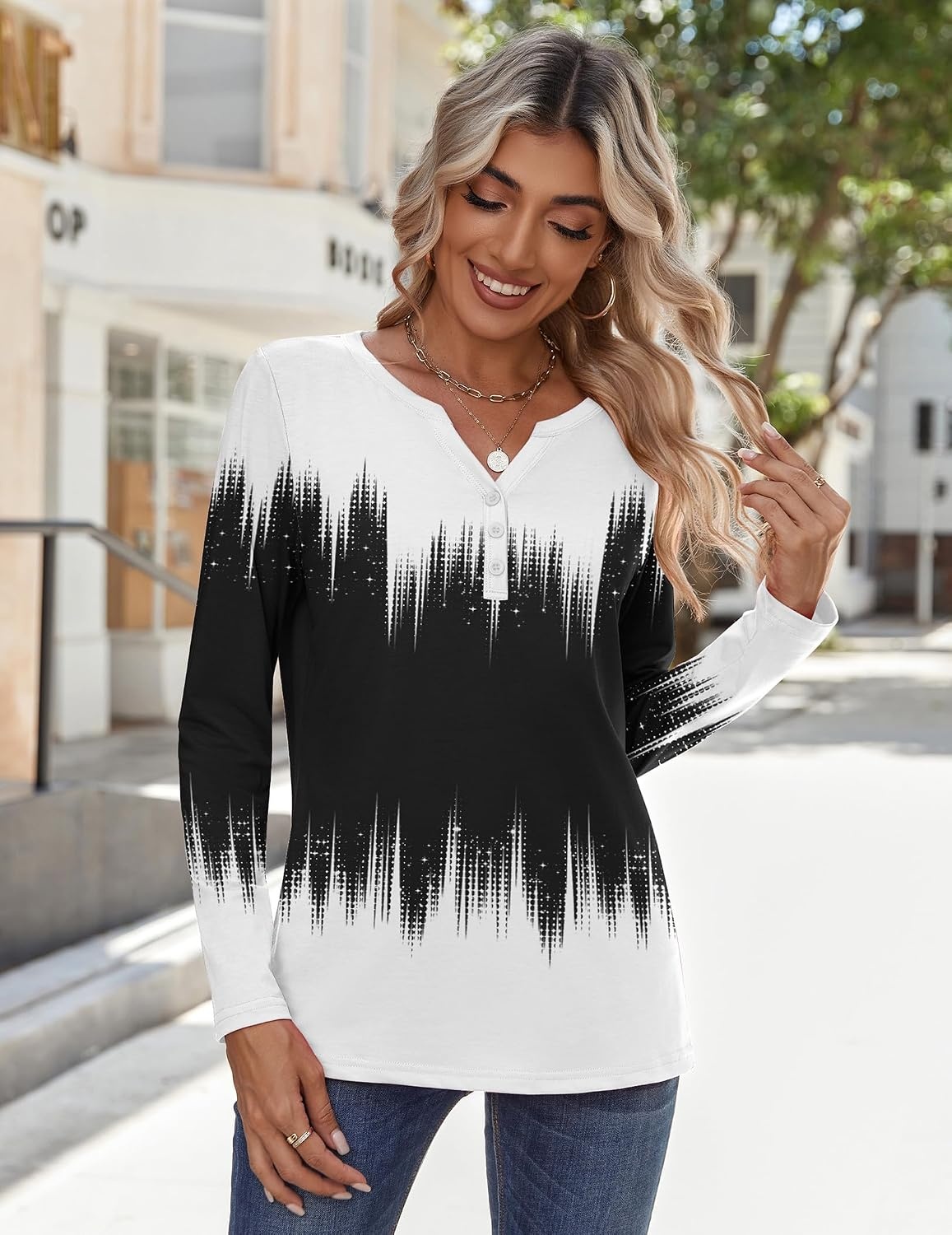 image:imageZeagoo Long Sleeve Shirts for Women Casual V Neck Fall Tops Summer BlousesGradient Black White