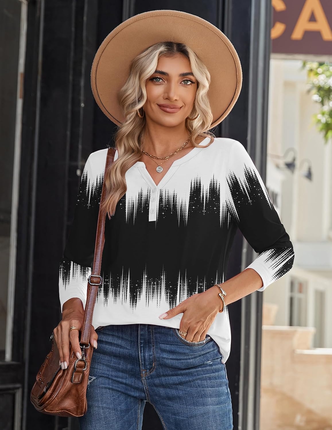 image:imageZeagoo Long Sleeve Shirts for Women Casual V Neck Fall Tops Summer BlousesGradient Black White