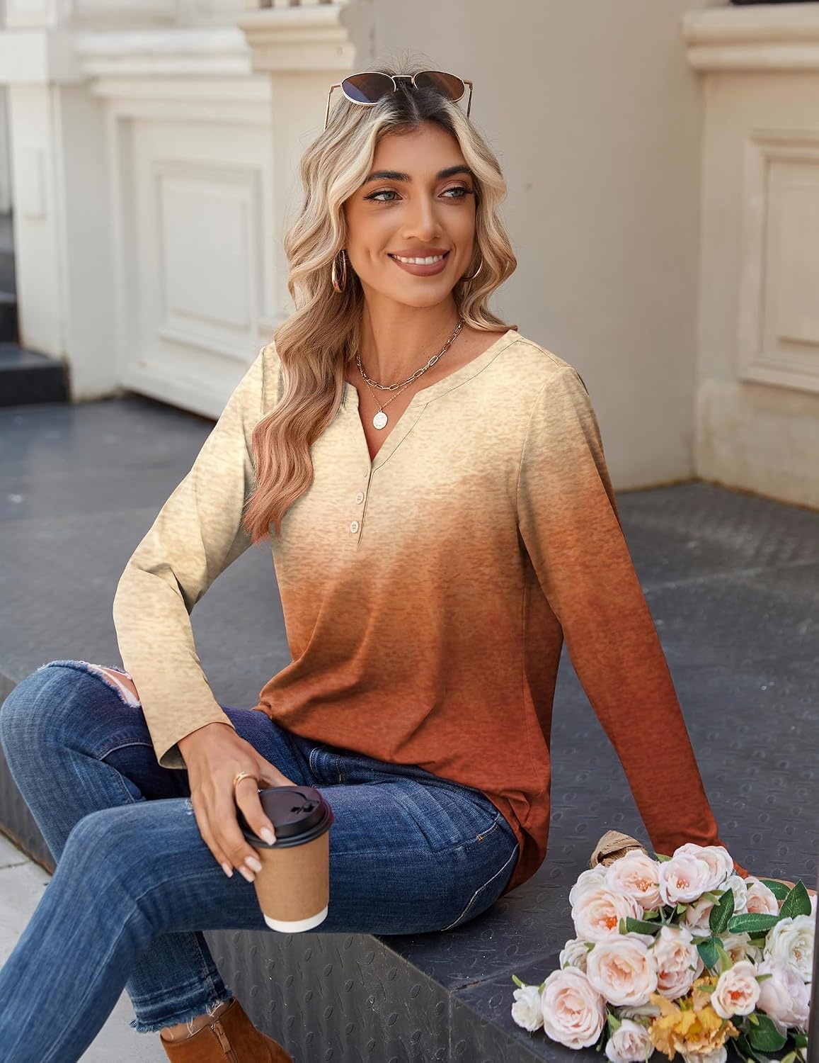 image:imageZeagoo Long Sleeve Shirts for Women Casual V Neck Fall Tops Summer BlousesGradient Orange