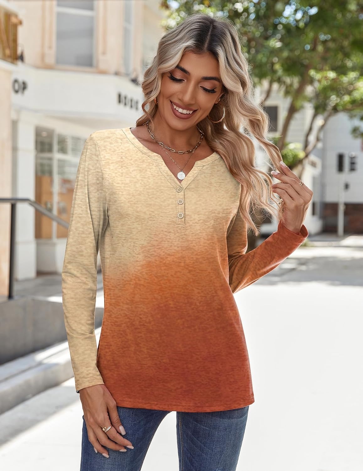 image:imageZeagoo Long Sleeve Shirts for Women Casual V Neck Fall Tops Summer BlousesGradient Orange