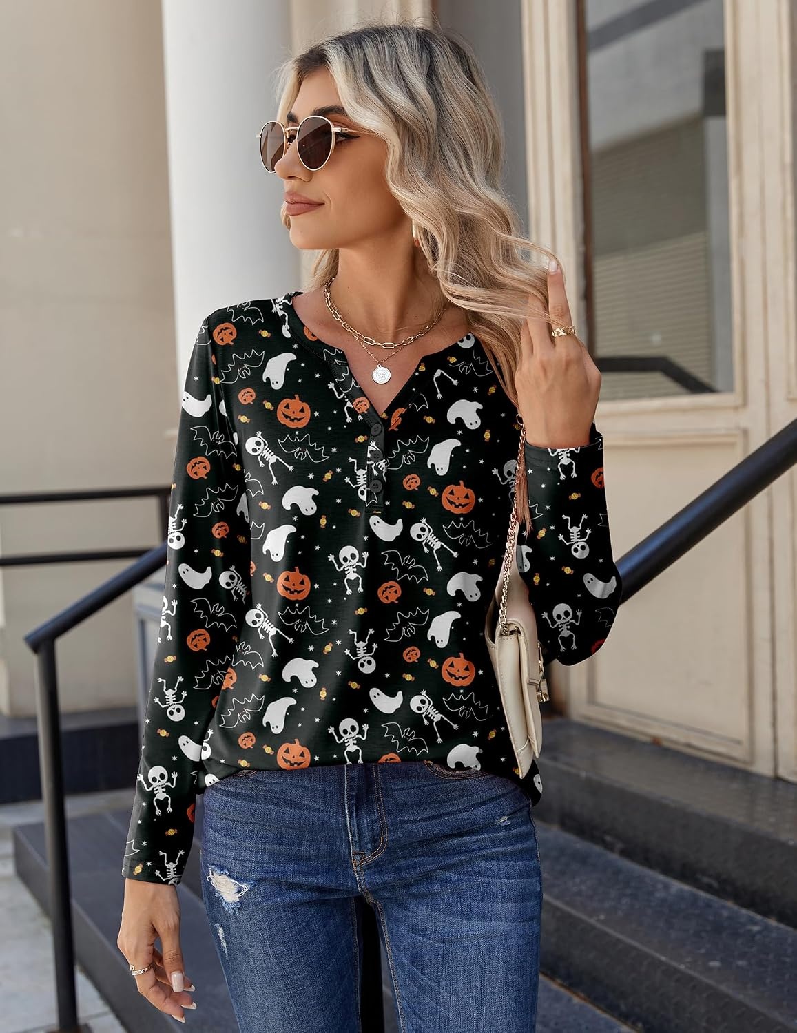 image:imageZeagoo Long Sleeve Shirts for Women Casual V Neck Fall Tops Summer BlousesHalloween 36