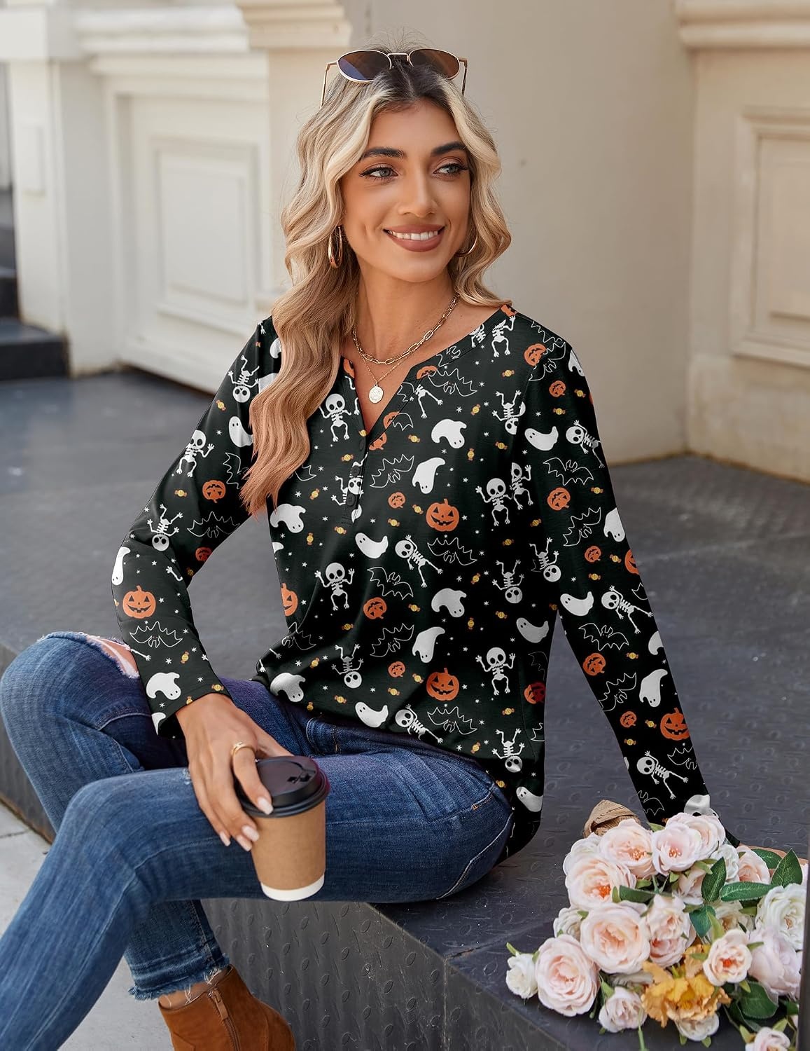 image:imageZeagoo Long Sleeve Shirts for Women Casual V Neck Fall Tops Summer BlousesHalloween 36