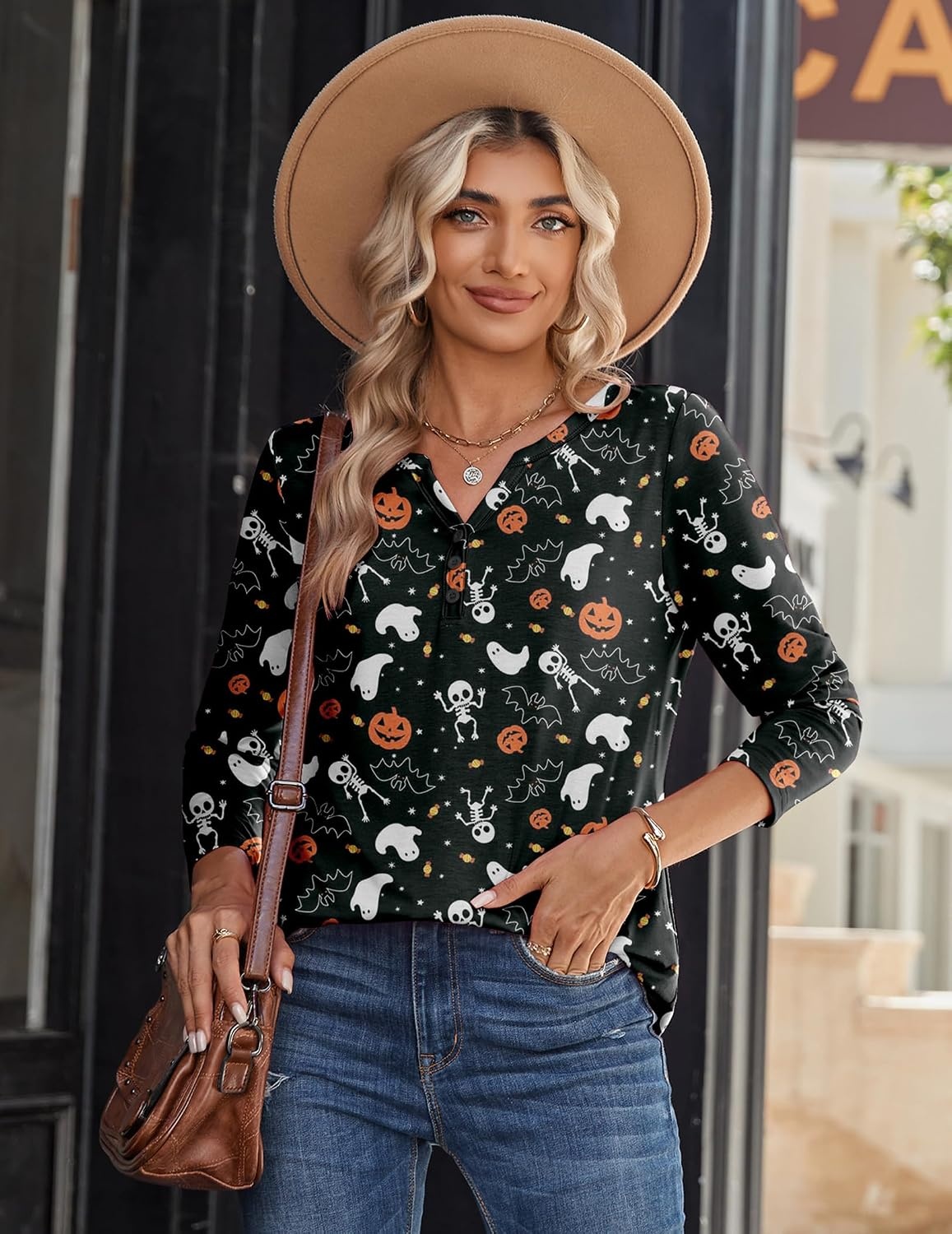 image:imageZeagoo Long Sleeve Shirts for Women Casual V Neck Fall Tops Summer BlousesHalloween 36