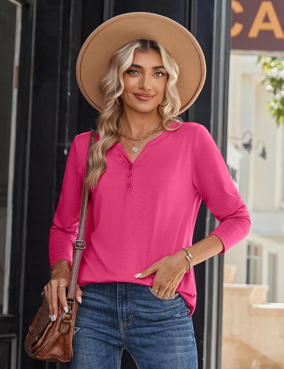 image:imageZeagoo Long Sleeve Shirts for Women Casual V Neck Fall Tops Summer BlousesHot Pink