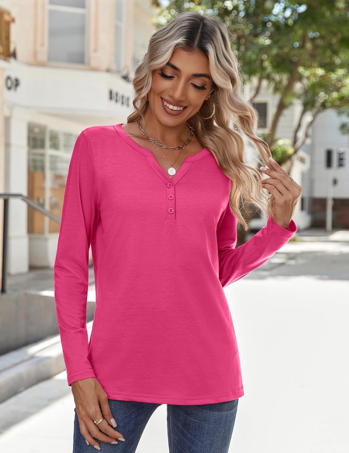 image:imageZeagoo Long Sleeve Shirts for Women Casual V Neck Fall Tops Summer BlousesHot Pink