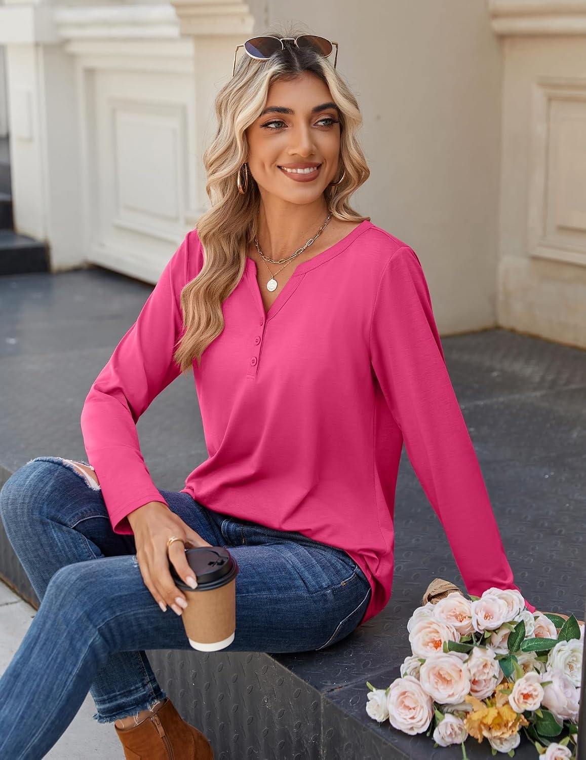 image:imageZeagoo Long Sleeve Shirts for Women Casual V Neck Fall Tops Summer BlousesHot Pink