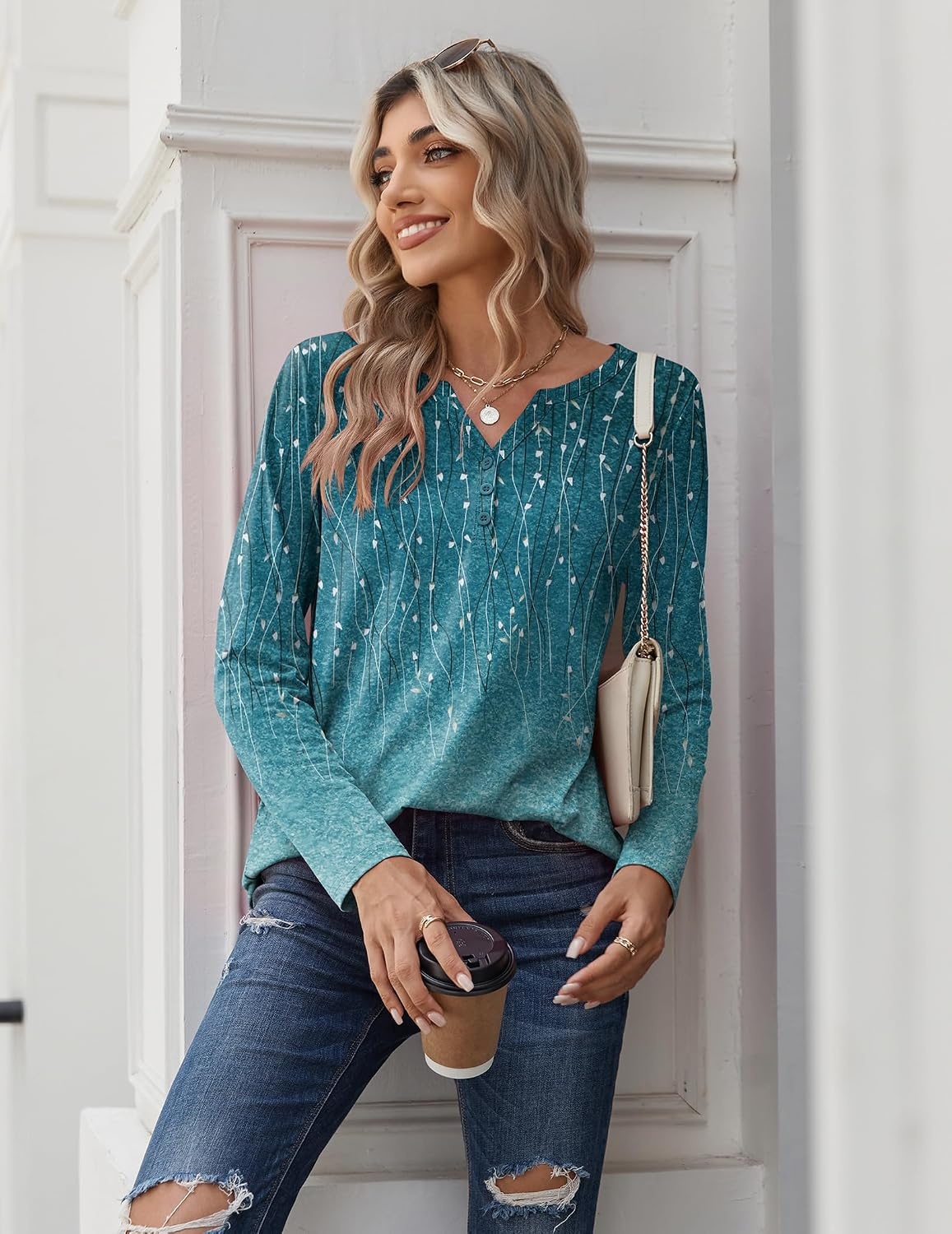 image:imageZeagoo Long Sleeve Shirts for Women Casual V Neck Fall Tops Summer BlousesLeaf Green