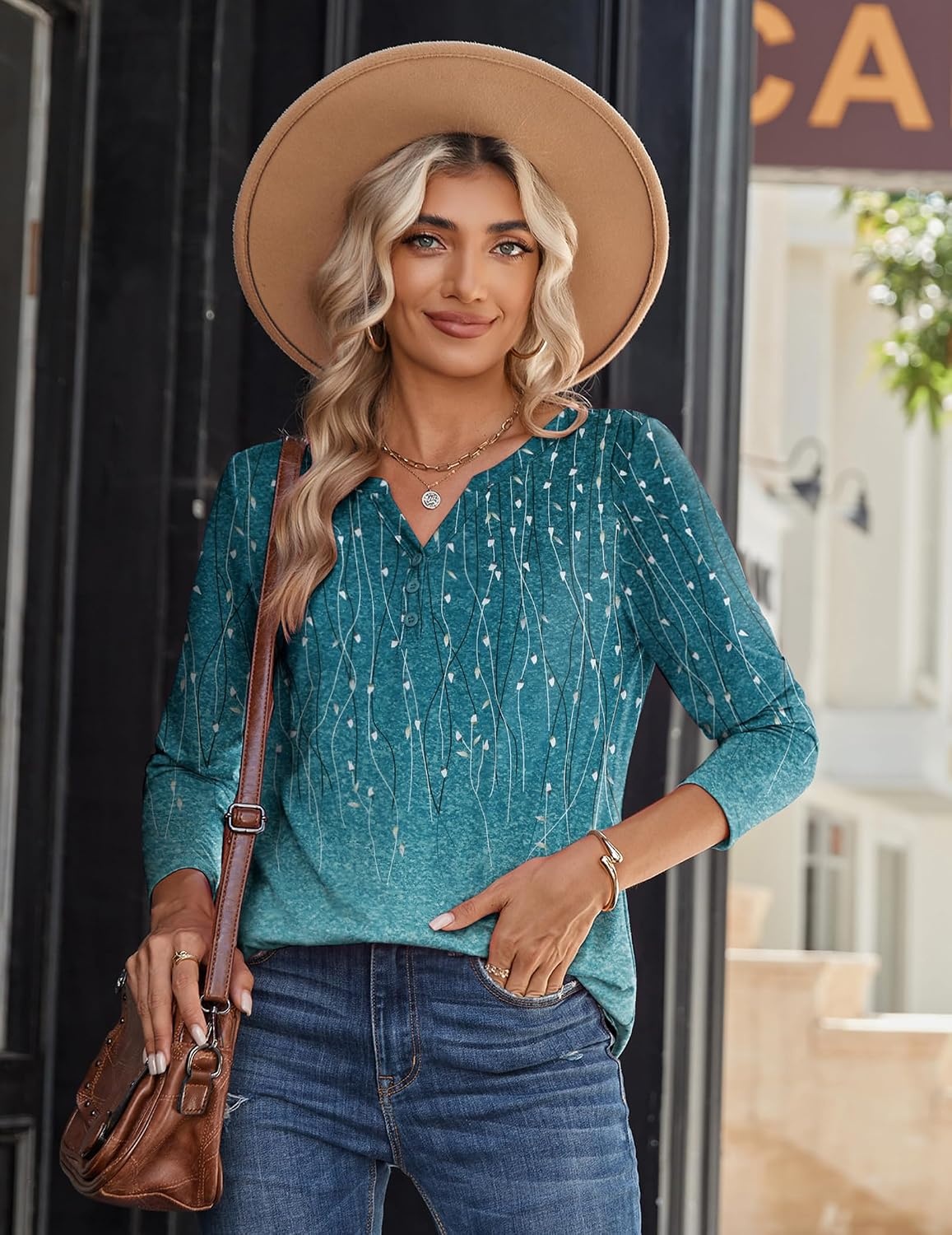 image:imageZeagoo Long Sleeve Shirts for Women Casual V Neck Fall Tops Summer BlousesLeaf Green