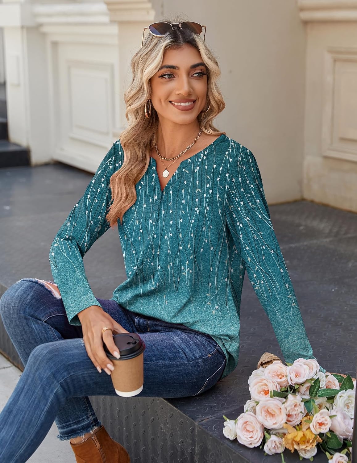 image:imageZeagoo Long Sleeve Shirts for Women Casual V Neck Fall Tops Summer BlousesLeaf Green