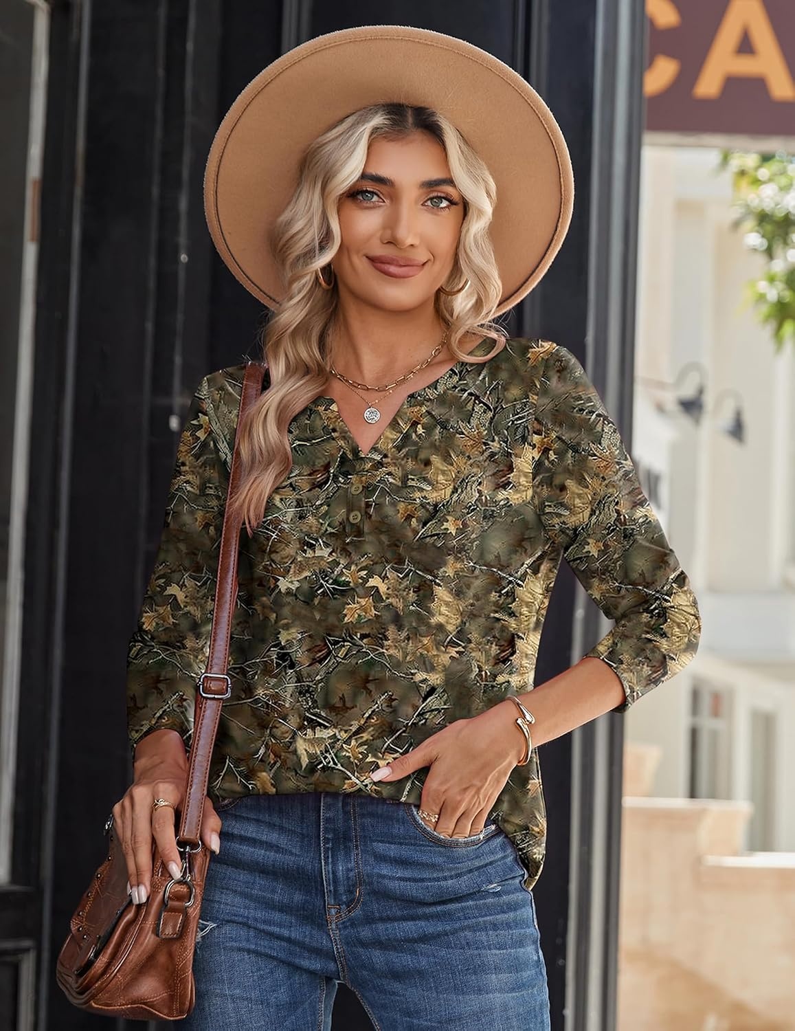 image:imageZeagoo Long Sleeve Shirts for Women Casual V Neck Fall Tops Summer BlousesLeaves Print