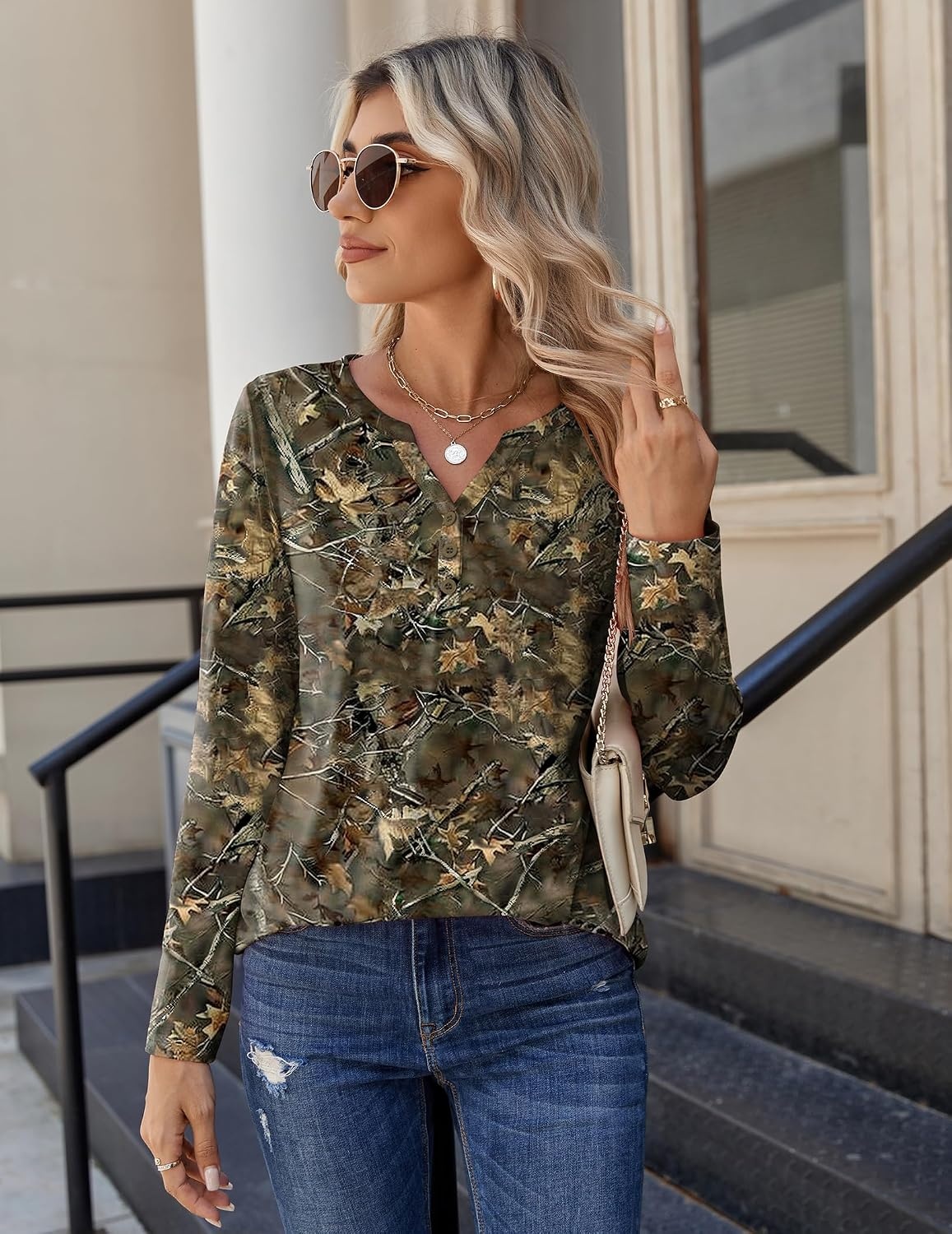 image:imageZeagoo Long Sleeve Shirts for Women Casual V Neck Fall Tops Summer BlousesLeaves Print