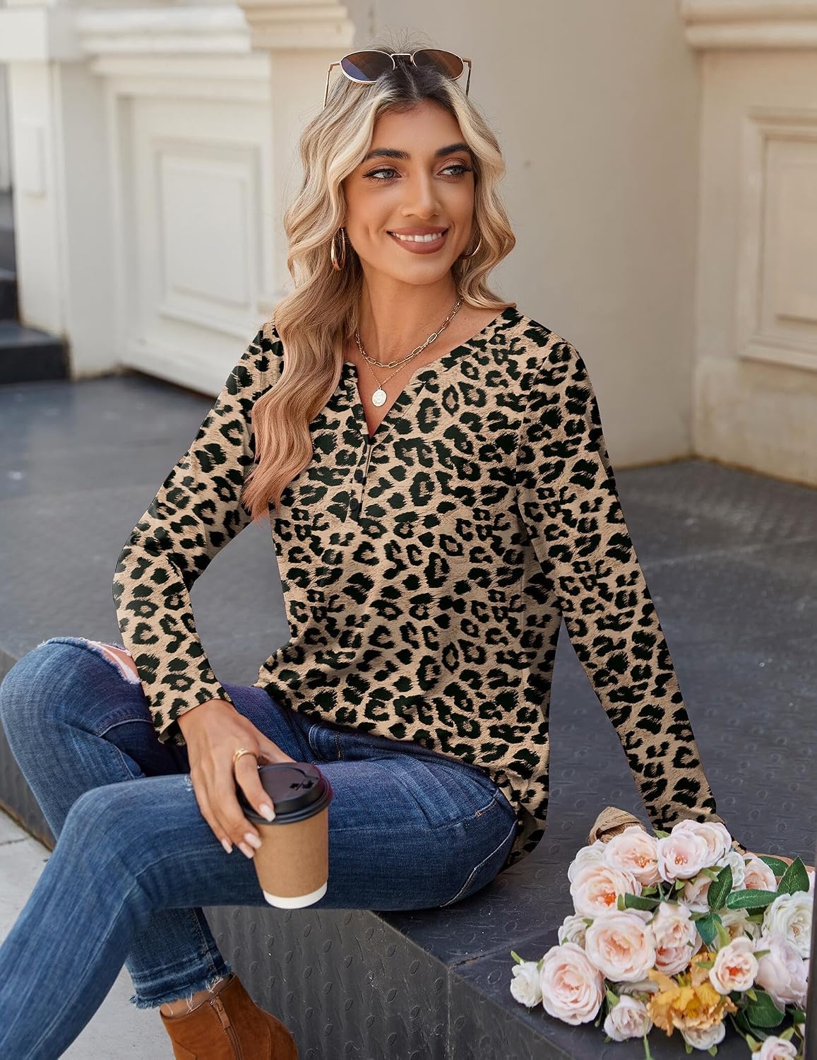 image:imageZeagoo Long Sleeve Shirts for Women Casual V Neck Fall Tops Summer BlousesLeopard